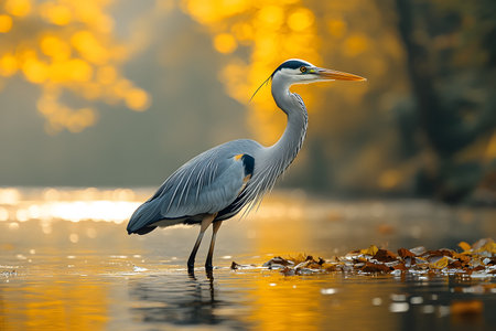 A heron stands gracefully in a serene water setting surrounded by vibrant autumn foliage. the golden hues of the leaves and the soft reflections on the water create a calming, picturesque scene suitable for nature-themed art. Generative AIの素材