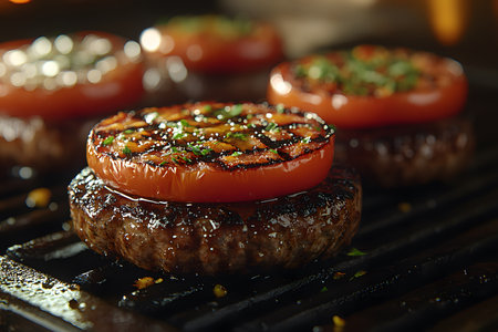Close-up of sizzling burger patties topped with grilled tomato slices on a barbecue grill. the juicy meat and fresh tomatoes are seasoned to perfection, creating an appetizing meal perfect for cookouts and gatherings. Generative AIの素材