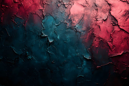 Textured abstract artwork featuring a dynamic blend of red and blue tones. the piece showcases a cracked surface, offering depth and movement, perfect for backgrounds, creative projects, and visual arts. Generative AIの素材