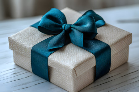 Elegant square gift box adorned with a luxurious teal ribbon tied into a bow, resting on a textured wooden surface. the box's subtle pattern and contrasting ribbon create a sophisticated look for gifting. Generative AIの素材
