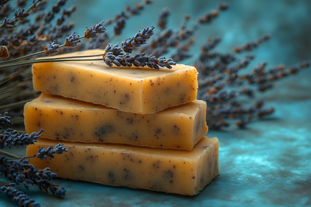 Artisan soap bars infused with lavender and poppy seeds, set against a textured turquoise background. accompanied by dried lavender sprigs, emphasizing relaxation and natural skincare. ideal for spa decor and wellness themes. Generative AIの素材