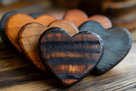 A collection of rustic wooden hearts in various earthy tones, perfect for valentine's day decoration or adding a cozy, natural touch to home interiors. the hearts display unique grain patterns, enhancing their charm and artisanal appeal. Generative AIの素材