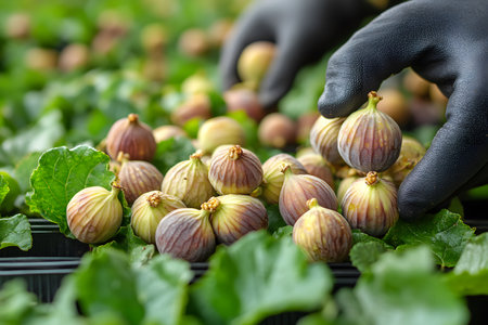 Freshly harvested figs are carefully picked by gloved hands in a garden, showcasing the attention to quality and hygiene in organic farming. the lush green leaves and ripe figs highlight sustainable agricultural practices. Generative AIの素材