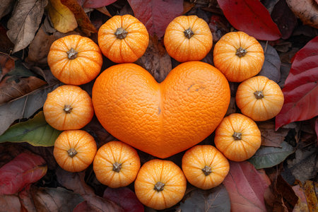 Heart-shaped pumpkin arrangement encircled by smaller pumpkins on a backdrop of colorful autumn leaves. captures seasonal themes, ideal for fall decor, harvest festivals, and thanksgiving celebrations. Generative AIの素材