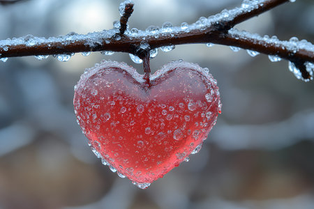 A heart-shaped ice sculpture hangs from a frosty branch, encapsulating the purity and serenity of winter. sparkling ice droplets accentuate the heart, making it an ideal symbol for romantic winter themes. Generative AIの素材