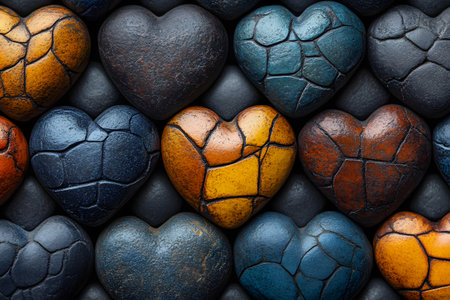 A collection of vibrant heart-shaped stones featuring a variety of colors and textures forms an eye-catching pattern. this artistic display is ideal for backgrounds, textiles, or creative design purposes. Generative AIの素材
