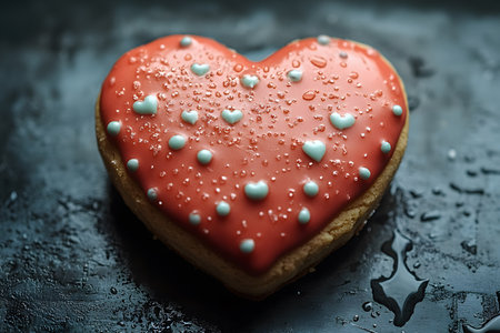 Heart-shaped cookie adorned with red icing and delicate blue heart decorations, symbolizing love and affection. perfect for valentine's day themes, romantic designs, or celebration concepts. set against a dark background with subtle reflections and droplets. Generative AIの素材