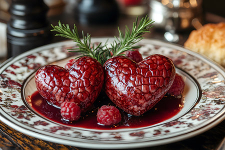 Heart-shaped desserts glisten with a rich berry sauce, accompanied by fresh raspberries on an ornate plate. sprigs of rosemary add a touch of elegance, perfect for romantic occasions or gourmet dining themes. Generative AIの素材