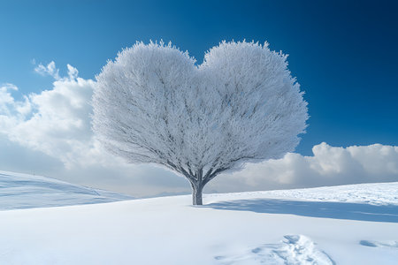 A heart-shaped tree stands majestically in a snowy landscape, symbolizing love and serenity against a crisp blue sky and soft, fluffy clouds. this tranquil winter scene evokes feelings of peace and harmony. Generative AIの素材