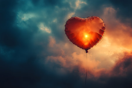 A heart-shaped balloon floats gracefully against a backdrop of dramatic, dark clouds illuminated by a fiery sunset. the warm glow and contrasting shadows create a sense of romance, hope, and adventure, making it ideal for romantic or atmospheric designs. Generative AIの素材