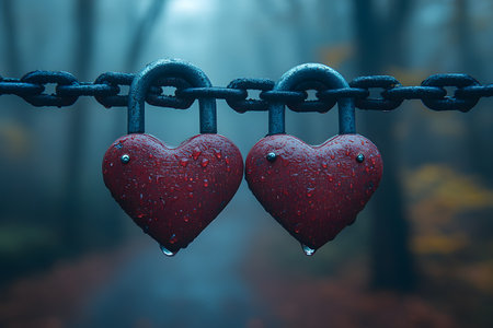 Two heart-shaped red locks hang on a chain in a misty forest, symbolizing love and commitment. raindrops on the locks enhance the romantic and enigmatic atmosphere, ideal for inspirational decor or greeting card designs. Generative AIの素材
