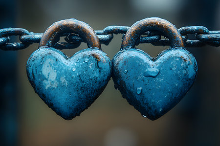 Two weathered, heart-shaped padlocks hang side by side on a rusted chain. water droplets accentuate their textures, evoking themes of enduring love and timeless commitment in an urban setting. Generative AIの素材