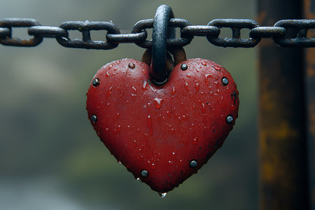 Red heart-shaped padlock, weathered with droplets, hangs on a dark chain, symbolizing enduring love and resilience amidst a misty, rainy background. the scene evokes themes of romance and strength. Generative AIの素材