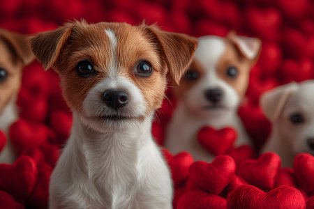 Cute puppies surrounded by red plush hearts evoke themes of love and affection, making it perfect for valentine's day marketing or pet-themed designs. the vibrant red background enhances the adorable appeal. Generative AIの素材