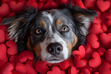 An adorable dog's face emerges from a sea of plush, red heart-shaped cushions, capturing the essence of love and affection. ideal for valentine's day themes, pet-related content, or home decor inspiration. Generative AIの素材