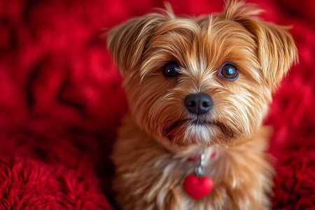 Yorkshire terrier puppy with a soft gaze sits on a red textured blanket, wearing a red heart-shaped tag around its neck. the scene emphasizes warmth, comfort, and the affectionate nature of small pets. Generative AIの素材
