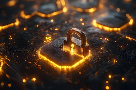 Glowing lock symbol representing cybersecurity and data protection on a dark, illuminated circuit board. emphasizes the importance of encryption, privacy, and secure digital communications in modern technology. Generative AIの素材