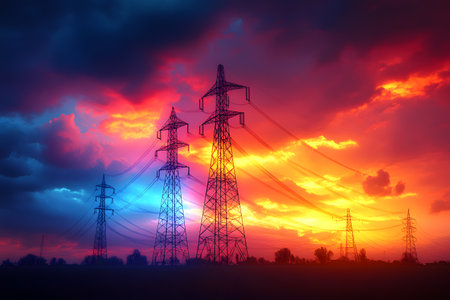 High-voltage power lines stand silhouetted against a vibrant sunset sky, with hues of orange, red, and blue creating a dramatic backdrop. the scene highlights the intersection of nature and human infrastructure, emphasizing energy and connectivity. Generative AIの素材
