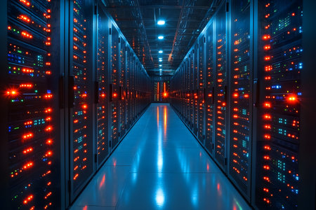 A futuristic data center showcasing rows of server racks illuminated with red and blue led indicators. the reflective floor amplifies the vibrant lights, emphasizing advanced technology and digital infrastructure suited for cloud computing or network security concepts. Generative AIの素材