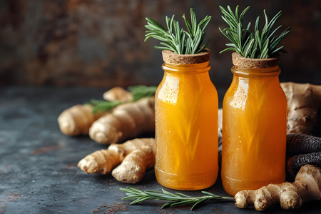 Ginger herbal tonic is creatively presented in rustic cork-sealed bottles, garnished with sprigs of fresh rosemary. the composition highlights a natural wellness theme, set against a textured background, emphasizing organic and health-conscious living. Generative AIの素材
