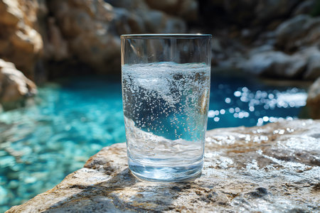 Sparkling water in a clear glass sits on a rocky surface, its refreshing nature against the backdrop of a serene blue pool. sunlight glistens on the bubbles, enhancing the sense of tranquility and hydration. Generative AIの素材