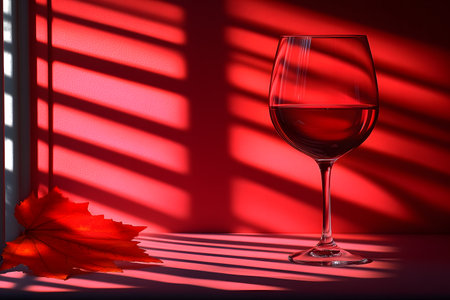 Glass of red wine set against bold red backdrop, accompanied by a vibrant fallen leaf. dramatic shadows create an elegant, moody atmosphere, themes of autumn and indulgence. Generative AIの素材