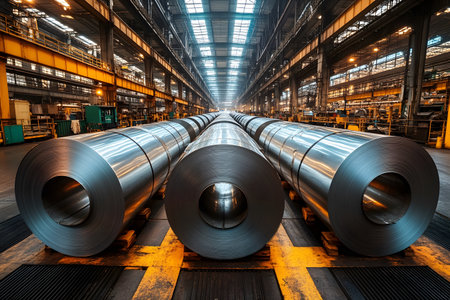 Large steel coils sit in a vast industrial warehouse, showcasing the scale and precision of modern manufacturing. the scene highlights the raw material essential for engineering and industrial applications, underscoring mass production efficiency. Generative AIの素材