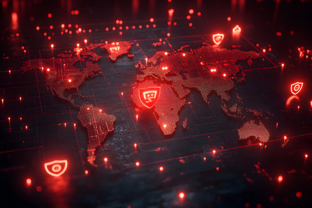 Digital map of the world illuminated in red, showcasing cybersecurity themes with shield icons representing data protection. the image highlights global connectivity in network protection and technology security. Generative AIの素材