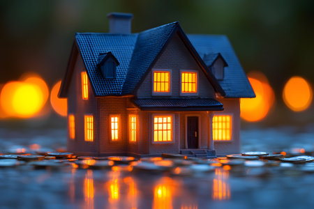 A miniature house model warmly illuminated from within represents the concept of home investment amidst soft, glowing lights. the foreground features scattered coins, symbolizing financial elements related to real estate, mortgage, or savings. Generative AIの素材