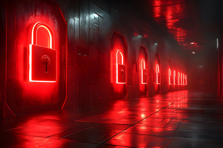 A futuristic corridor is lined with glowing red padlocks, symbolizing cyber security and data protection. the dramatic lighting and sleek metal surfaces create an atmosphere of high-tech intrigue. Generative AIの素材