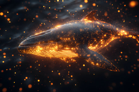 A stunning fantasy depiction of a whale swimming through a dark ocean, illuminated by glowing, star-like particles. the captivating scene merges nature with cosmic elements, creating a dreamlike, magical atmosphere. Generative AIの素材