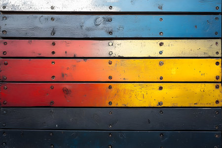 Vibrantly painted wooden planks display a gradient from white through blue, yellow, red, and black. ideal for backgrounds or design, texture, contrast, and color harmony in rustic or industrial themes. Generative AIの素材