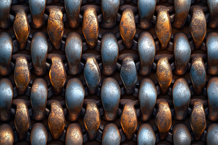 Close-up view of interlocking metal chain links showcasing a mix of rusted and polished steel textures. the varied surfaces offer an industrial aesthetic ideal for backgrounds, design projects, or illustrating strength and durability concepts. Generative AIの素材