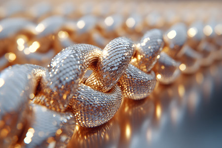 Close-up of an intricate, shimmering gold chain with detailed textures, ideal for use in jewelry design, fashion branding, or luxury-themed visuals. the elegant links convey opulence and sophistication. Generative AIの素材