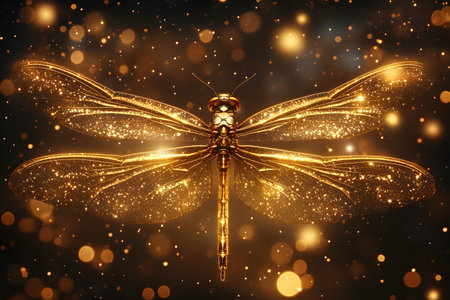 A shimmering golden dragonfly against a dark background, surrounded by a magical array of glowing particles. perfect for mystical, fantasy-themed designs, and nature-related projects beauty and imagination. Generative AIの素材