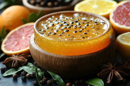 A vibrant citrus-infused gelatin dessert adorned with black peppercorns sits elegantly in a wooden bowl. surrounded by fresh citrus slices and star anise, this artistic arrangement blends color, texture, and aroma, perfect for culinary inspiration and design projects. Generative AIの素材
