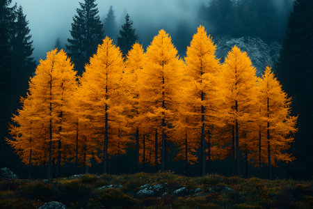 A stunning display of autumn with vivid yellow trees set against a misty mountain backdrop. the contrast between the golden foliage and the dark, foggy forest creates a mesmerizing and tranquil scene, ideal for nature-themed designs. Generative AIの素材