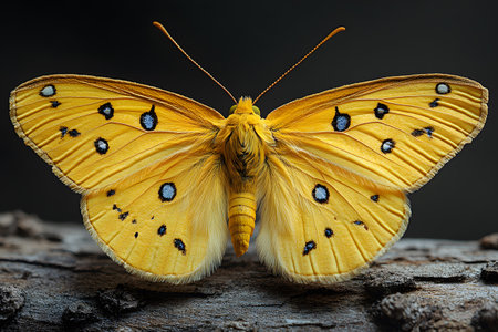 Vibrant yellow butterfly resting on textured wood, showcasing intricate patterns on its wings. the contrasting colors and detailed markings highlight the beauty of nature, perfect for nature-themed decor or educational purposes. Generative AIの素材