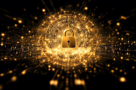A digital golden padlock set against a glowing backdrop, symbolizing cybersecurity and data protection. the vibrant, futuristic network design highlights the importance of security in the digital age. Generative AIの素材