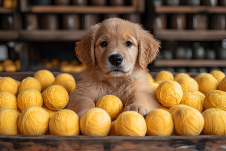 Golden retriever puppy nestled among vibrant yellow yarn balls, set against a backdrop of neatly arranged shelves. the image exudes warmth, creativity, and comfort, making it ideal for pet care and crafting themes. Generative AIの素材