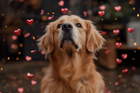 A golden retriever gazes upwards, surrounded by floating red hearts on a dark background. warm, glowing elements create a romantic and dreamy atmosphere, perfect for themes of love, companionship, and affection. Generative AIの素材