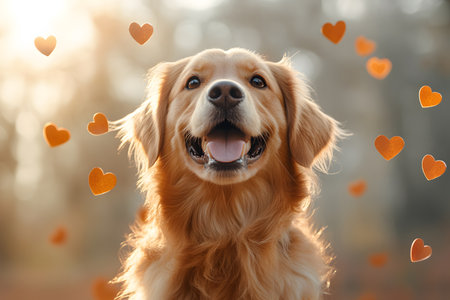 A joyful golden retriever in a sunlit autumn forest, surrounded by falling heart shapes. perfect for valentine's day designs, capturing themes of love, warmth, and companionship with a playful and heartwarming atmosphere. Generative AIの素材