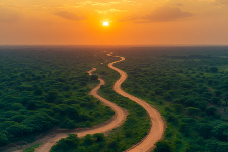 Winding road stretches through lush terrain under a stunning sunset, offering a sense of adventure and tranquility. the sky's warm hues blend with the landscape, creating a harmonious and picturesque view perfect for travel and nature themes. Generative AIの素材
