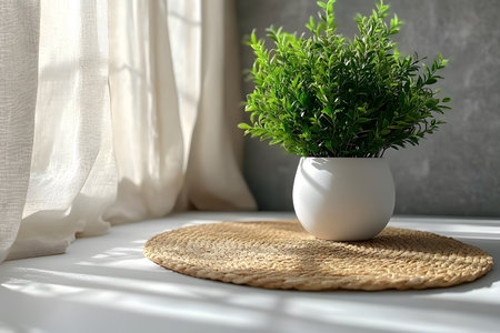Sunlight streams through soft curtains, enhancing a minimalist interior and a vibrant green potted plant on a circular woven mat. the serene setting offers a sense of tranquility and modern elegance for home decor enthusiasts. Generative AIの素材