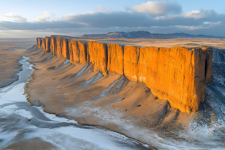 A breathtaking aerial view of a striking canyon landscape illuminated by the soft light of sunrise. the cliffs create a dramatic contrast with the vast, open desert plain and river, nature's grandeur and beauty. Generative AIの素材