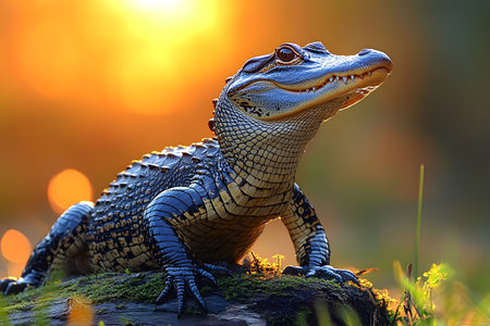 A juvenile alligator basks on a rock against a vibrant sunset. the warm glow highlights its textured skin, creating an atmospheric scene perfect for nature lovers and wildlife photography fans. Generative AIの素材