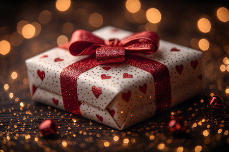 Detailed close-up of a beautifully wrapped gift box adorned with a red glittery bow and heart-patterned paper. the festive atmosphere is enhanced by soft, glowing bokeh lights, ideal for holiday-themed design or gift-related projects. Generative AIの素材