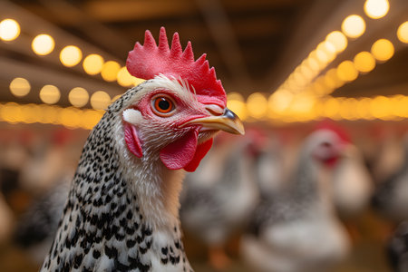 Speckled hen prominently displayed in a poultry farm setting, with a focus on the intricate feather patterns and vibrant comb. the background features soft, warm lighting, the farm's modern and organized environment. Generative AIの素材