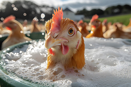 A close-up view of a chicken enjoying a bubbly bath with other chickens in the background. the bright sunlight and lush greenery of the farm create a serene and joyful rural scene. Generative AIの素材