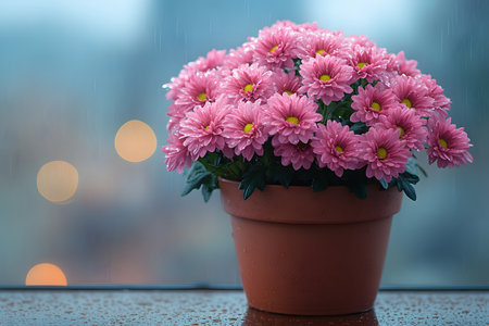 Pink chrysanthemums sit in a terracotta pot on a window sill, with raindrops gently falling on the glass. the soft bokeh creates a peaceful scene, ideal for conveying a sense of calm and natural beauty in indoor spaces. Generative AIの素材